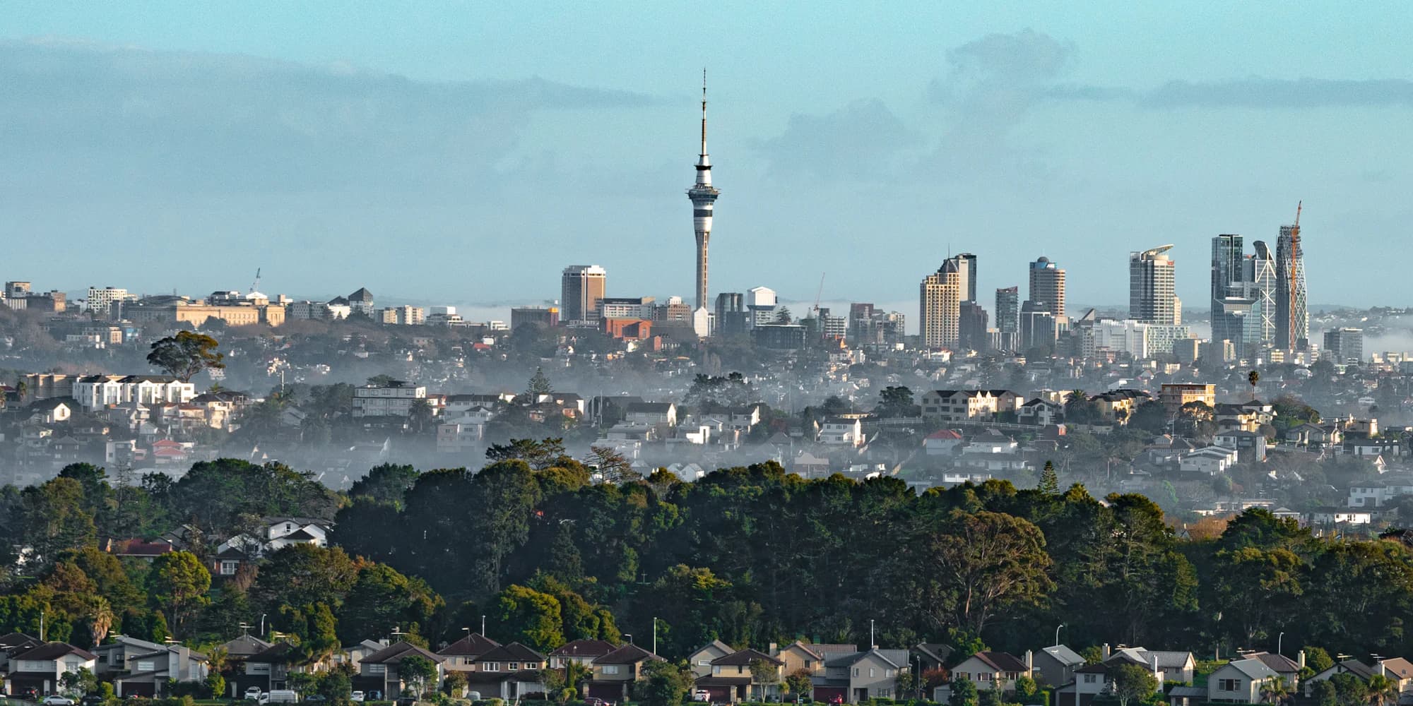 Auckland's skyline and Sky Tower above suburbs and morning mist